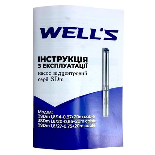 Насос свердловинний Well's 3SDm1,8/14 — занурювальний відцентровий h=59м з кабелем 20м	